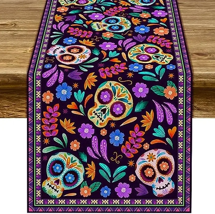 Dia De Los Muertos Linen Table Runner Mexican Sugar Skull Day of The Dead Table Runners for Dining Table Halloween Decorations