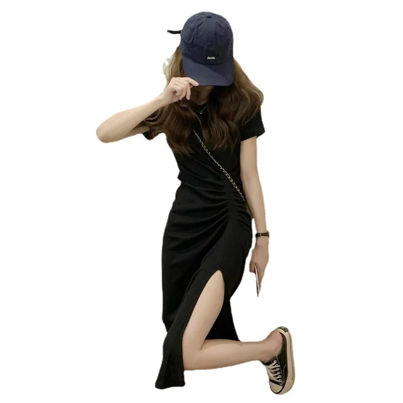 Coréen Sle taille haute a-ligne Midi Dr ort Sve rond Ne couleur été nouveau fendu femmes T-shirt Dr