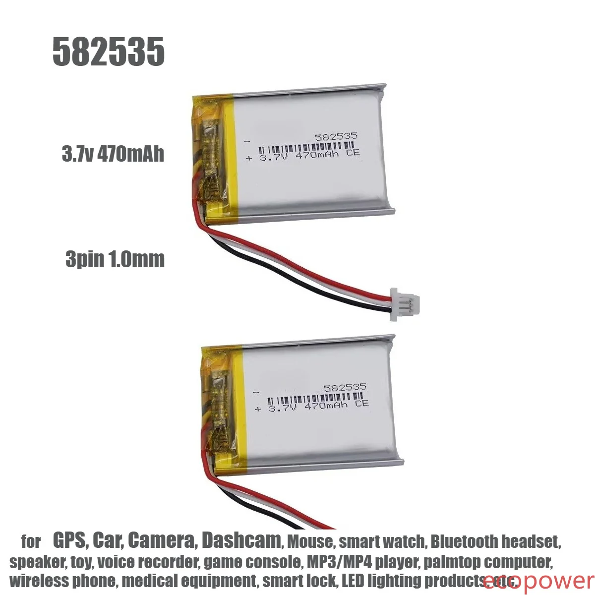 2pcs 3.7v 470mAh 1.74Wh Li-polymer Brand New Battery 582535 JST 3pin 1.0mm Plug Thermistor 3-wires For GPS Car Camera Dashcam