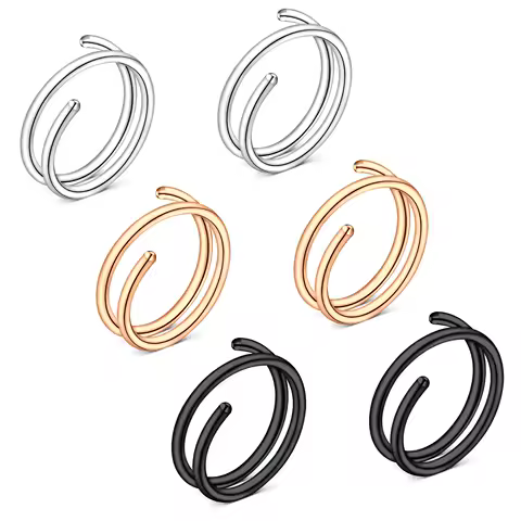 6Pcs Double Nose Ring for Single Piercing 20 Gauge Surgical Steel black silver gold Nostril Piercing Hoop Body Jewelry Set