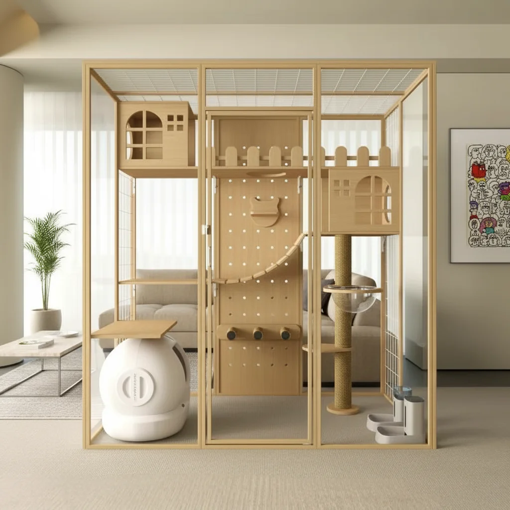 Large Premium Solid Wood Pet Villa with Enclosure, Glass Panels, Built-in Tree and Tunnel, Ideal for Indoor & Outdoor Use