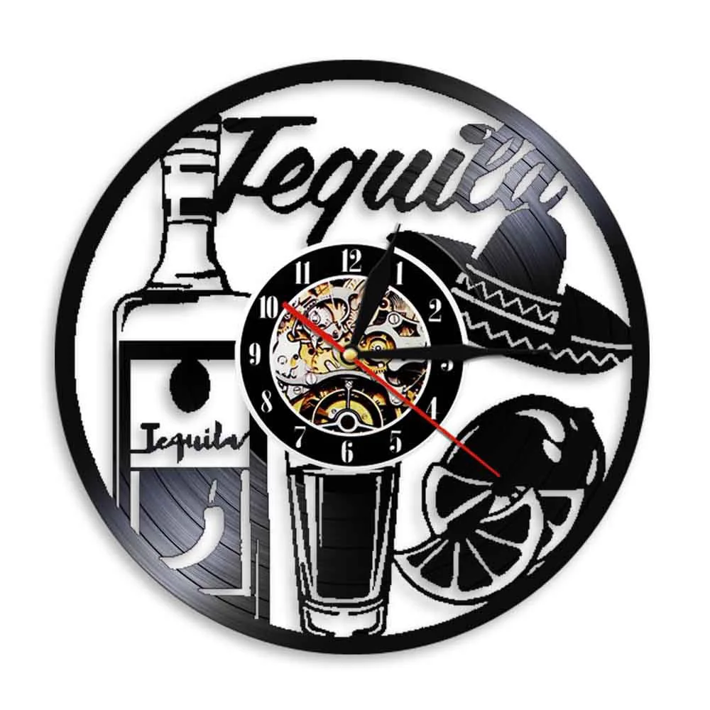 Tequila Bar Vinyl Record Wall Clock LED Retro Black Wall Clock Kitchen Pub Club Man Cave Decor Gift