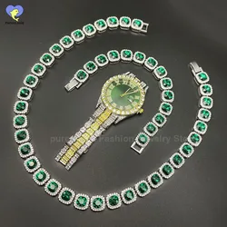 Green 12mm Hip Hop Cuban Link Chain Set Necklace Watch Bracelet Tennis Chain Iced Out Jewelry Sets for Men