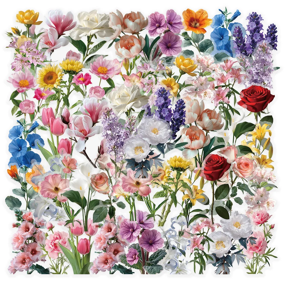 

50PCS Romantic Flower Stickers Watercolor Plant Transparent Style DIY Decorative Phone Case Luggage Waterproof Stickers Kids Toy