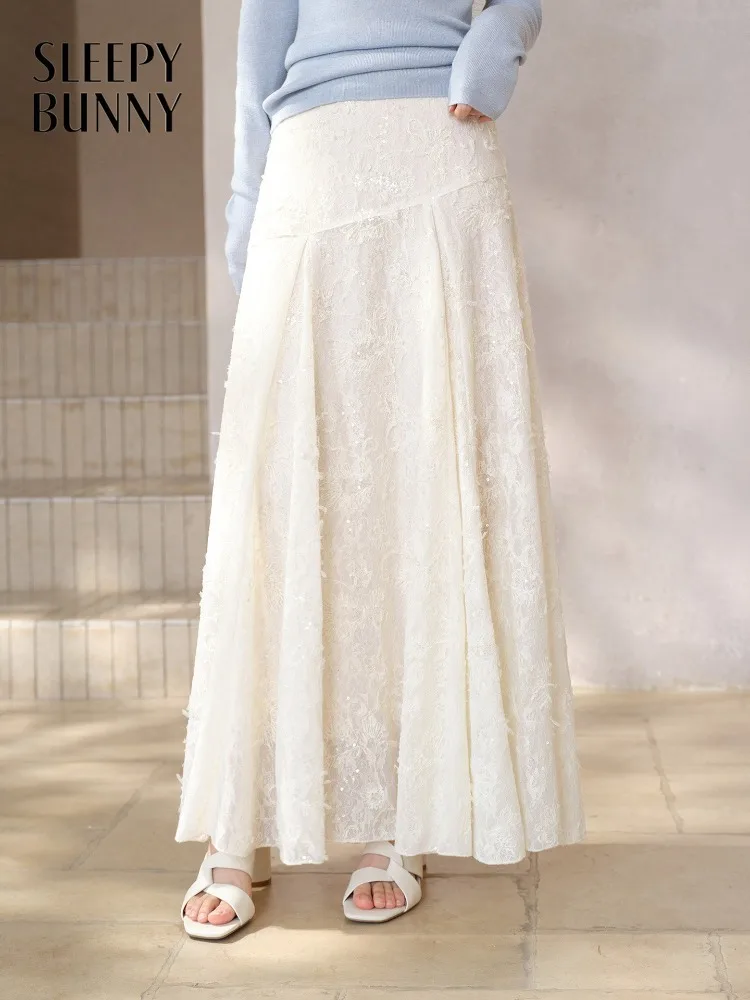 

Women High Waist Maxi Skirt Spring Lace Beaded Embroidery Gentle Loose A Line Long Skirt for Lady Casual Versatile New Arrival