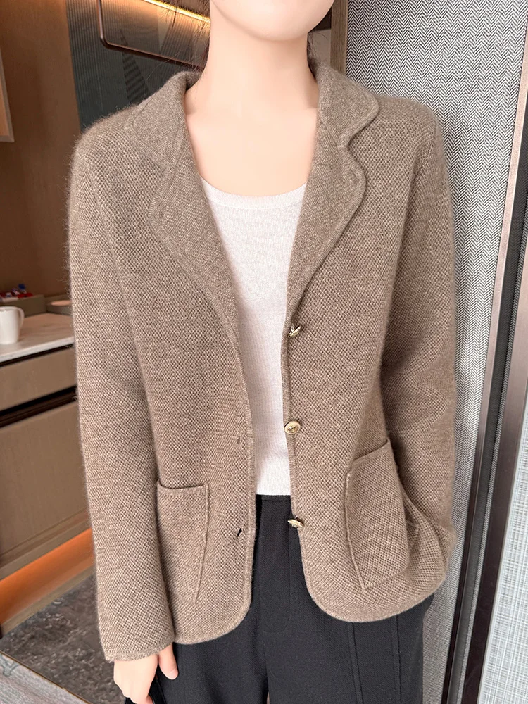 Light Luxury Office Lady Autumn Winter 100% Merino Wool Sweater Thick Suit Outerwear Long Sleeve Women Cashmere Knitted Cardigan