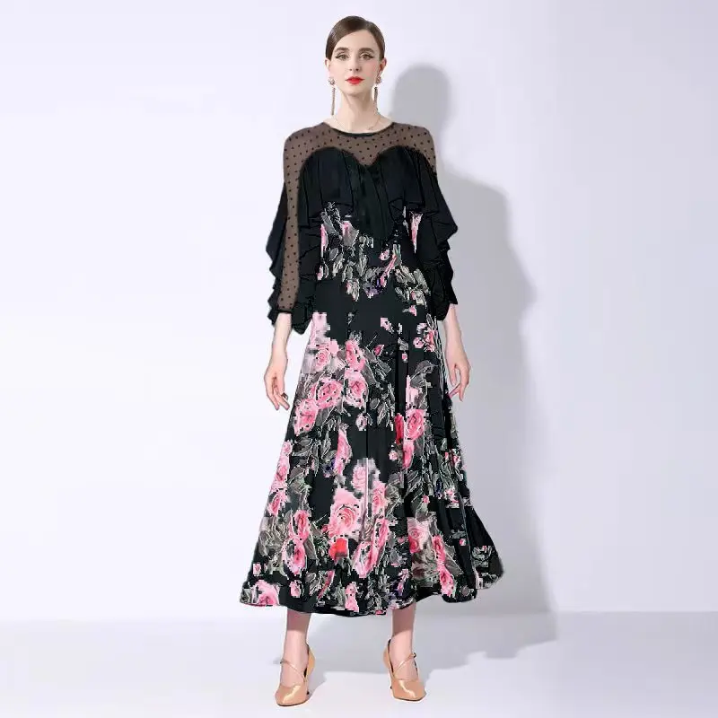 Schickes bedrucktes Patchwork-Abendkleid für Cocktailpartys, Damenbekleidung, fließendes Chiffon-Tanzkleid im französischen Stil, langer Rock 2025,