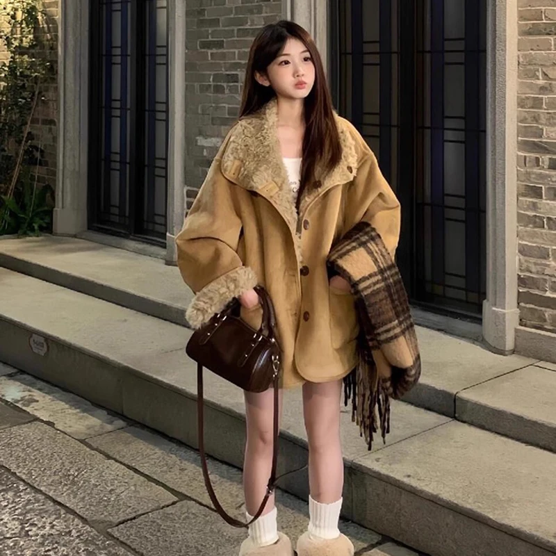 Winter Women Thick Warm Suede Lamb Jackets Short Motorcycle Coats Faux Shearling Sheepskin Leather Outwear Double-Sided Wear Top