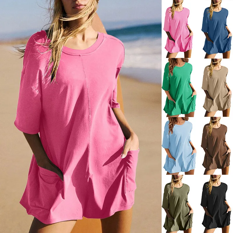 

Women's Casual Summer New Loose Fit ort Sve V-Ne Dr with kets Straight Leg Low Waist ort Pants Faionable