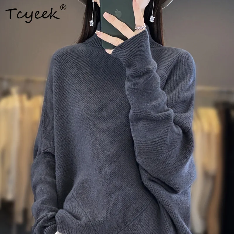 Tcyeek,100% เสื้อขนสัตว์,ผู้หญิงครึ่งคอแขนค้างคาวด้านนอกฐานPullover,2024 ฤดูใบไม้ร่วงและฤดูหนาวใหม่T48002KE