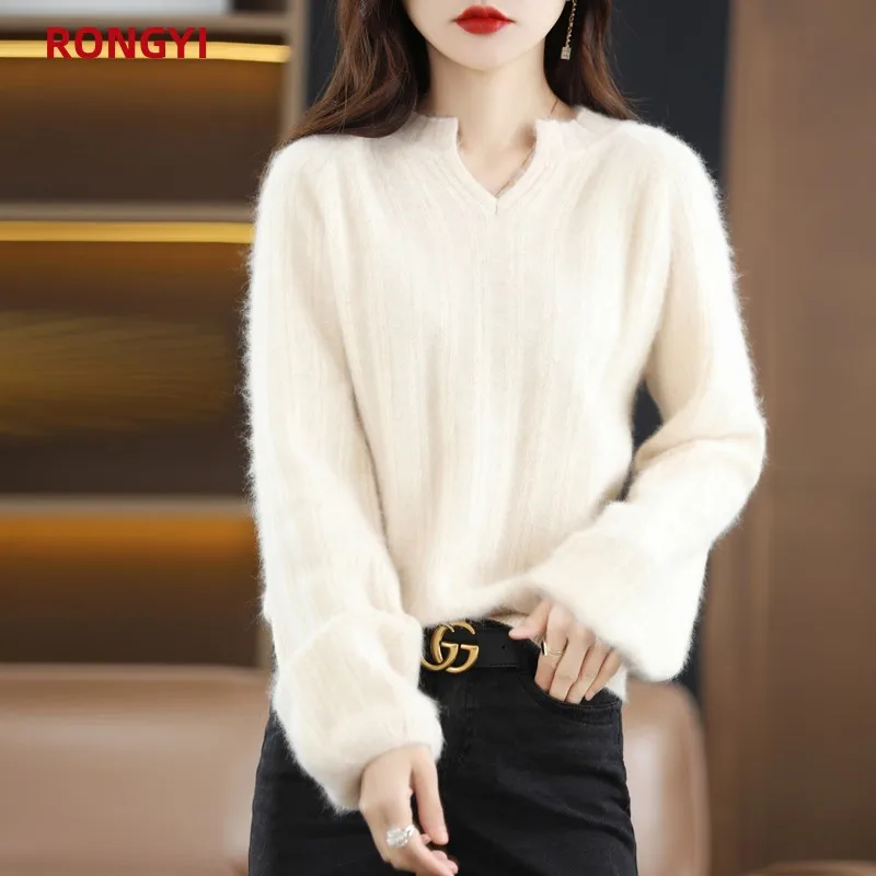 RONGYI Women New 100%pure Mink Cashmere Sweater Fashion Large Size Pullover Autumn Winter Warm Loose Puff Sleeve Knit Female Top