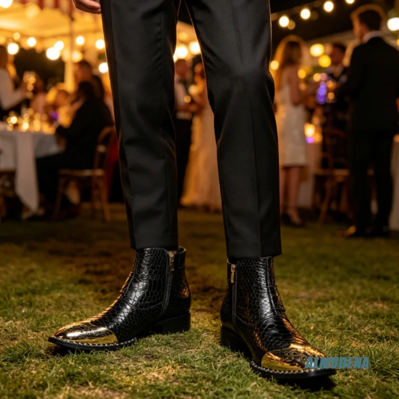 

Black Snake Embossed Patent Men Ankle Boots Pointed Toe Side Zipper Block Heel Wedding Party Business Daily Formal Short Boots