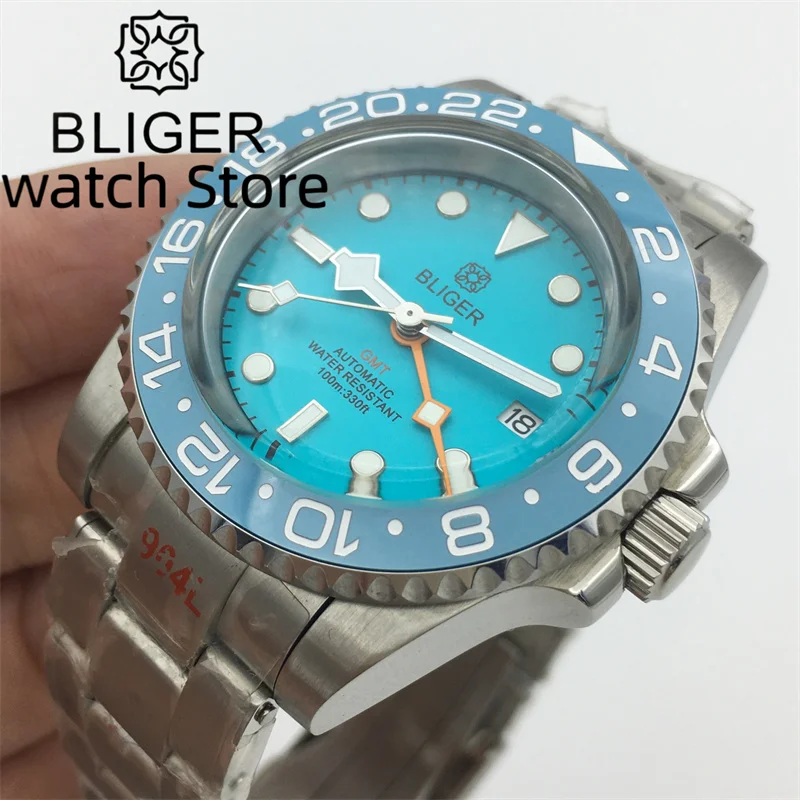 Bliger40mm silver case Sky blue luminous dial Men\'s Watch Arch glass NH34 gmt Automatic Date Window 904L bracelet Ceramic beze