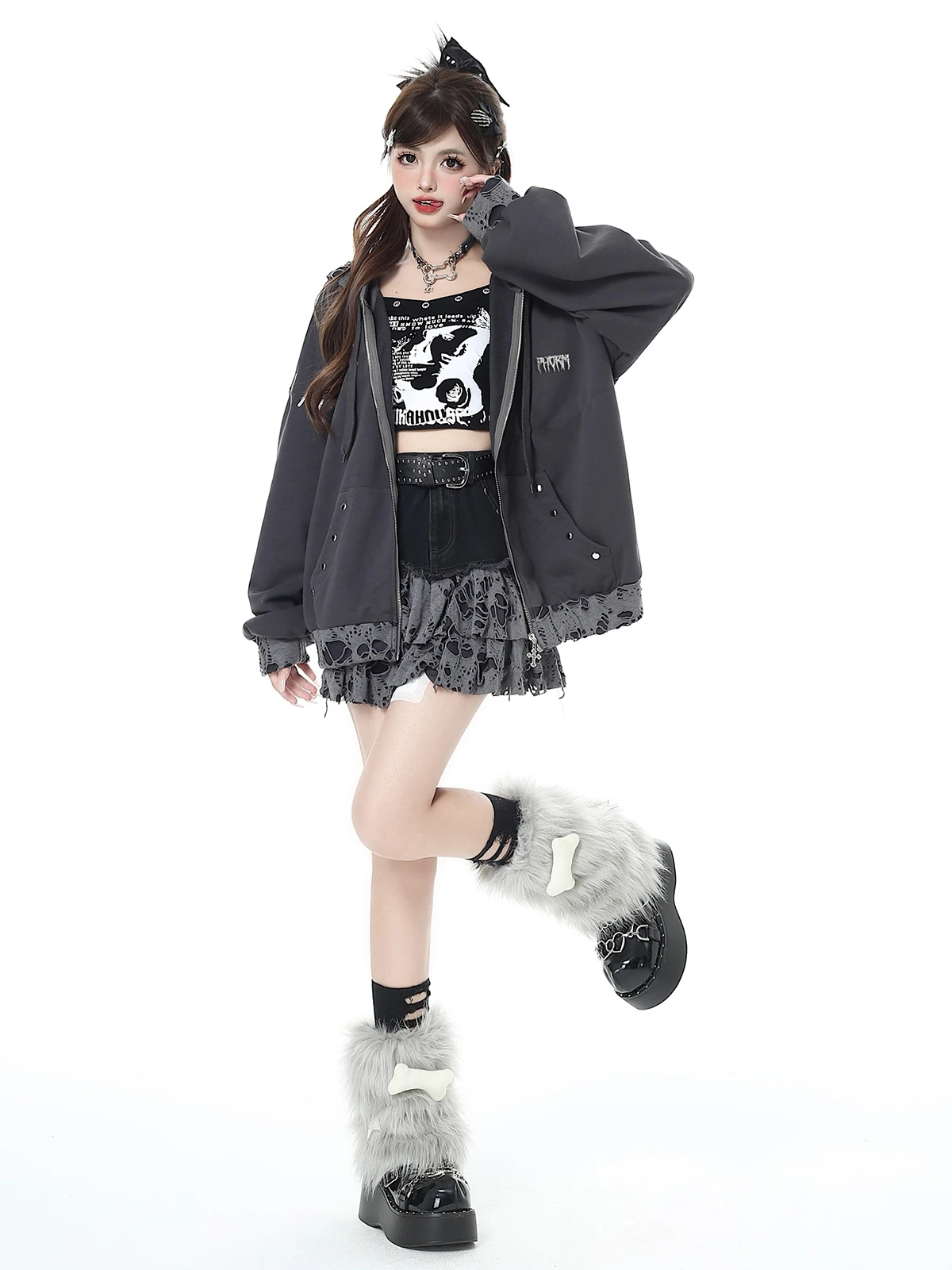 Japanese Subculture Harajuku Sweet Cool Y2K Tops Long Sleeves Loose Casual Zipper Hoodie Sweatshirts Women Jacket Coats Autumn