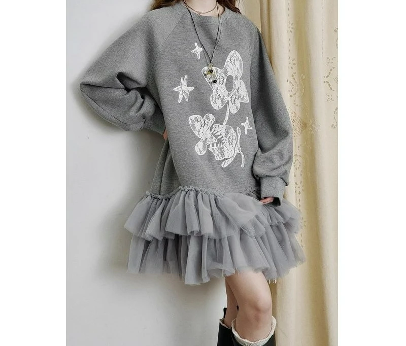 

Gray Printed Mesh Splicing Sweater Dress Women's 2026 Spring Style Design Sense Thin Skirt