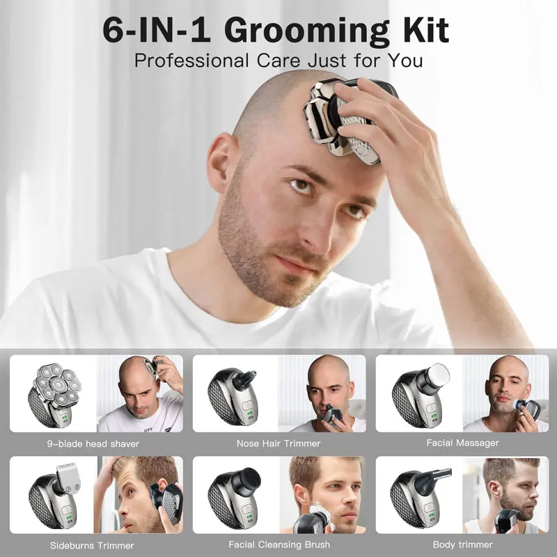 6In1 Heads Beard Nose Ear Hair Trimmer Clipper Facial Brush Rechargeable Razor Men's Bald Head Electric Shaver 9 Blades Floating