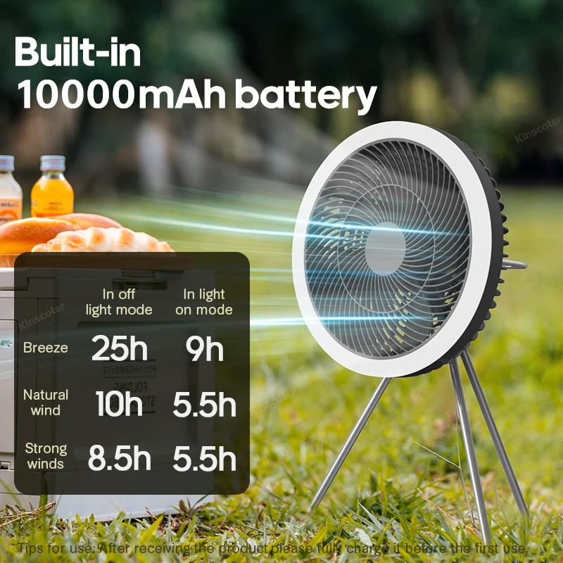 KINSCOTER التخييم في الهواء الطلق LED مروحة سقف لاسلكية 10000mAh قابلة للشحن مروحة الطاولة حامل ثلاثي القوائم مروحة محمولة مع جهاز التحكم عن بعد