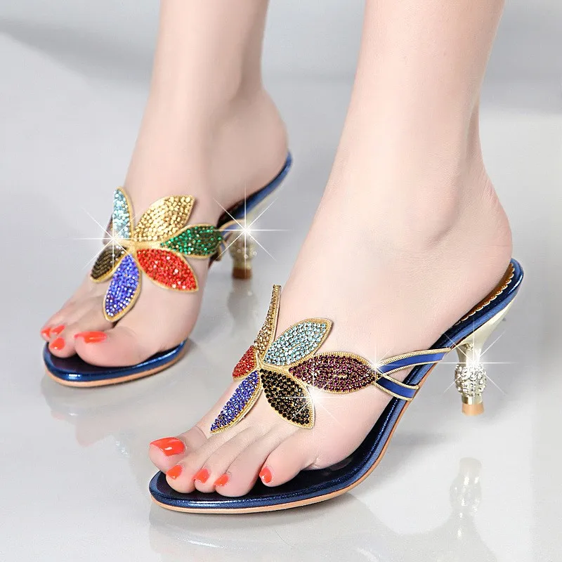 

2025 New Fashion Black Blue Slides Women Thin High Heels Rhinestone Female Slippers Women Dress party Sandals Shoes C0003