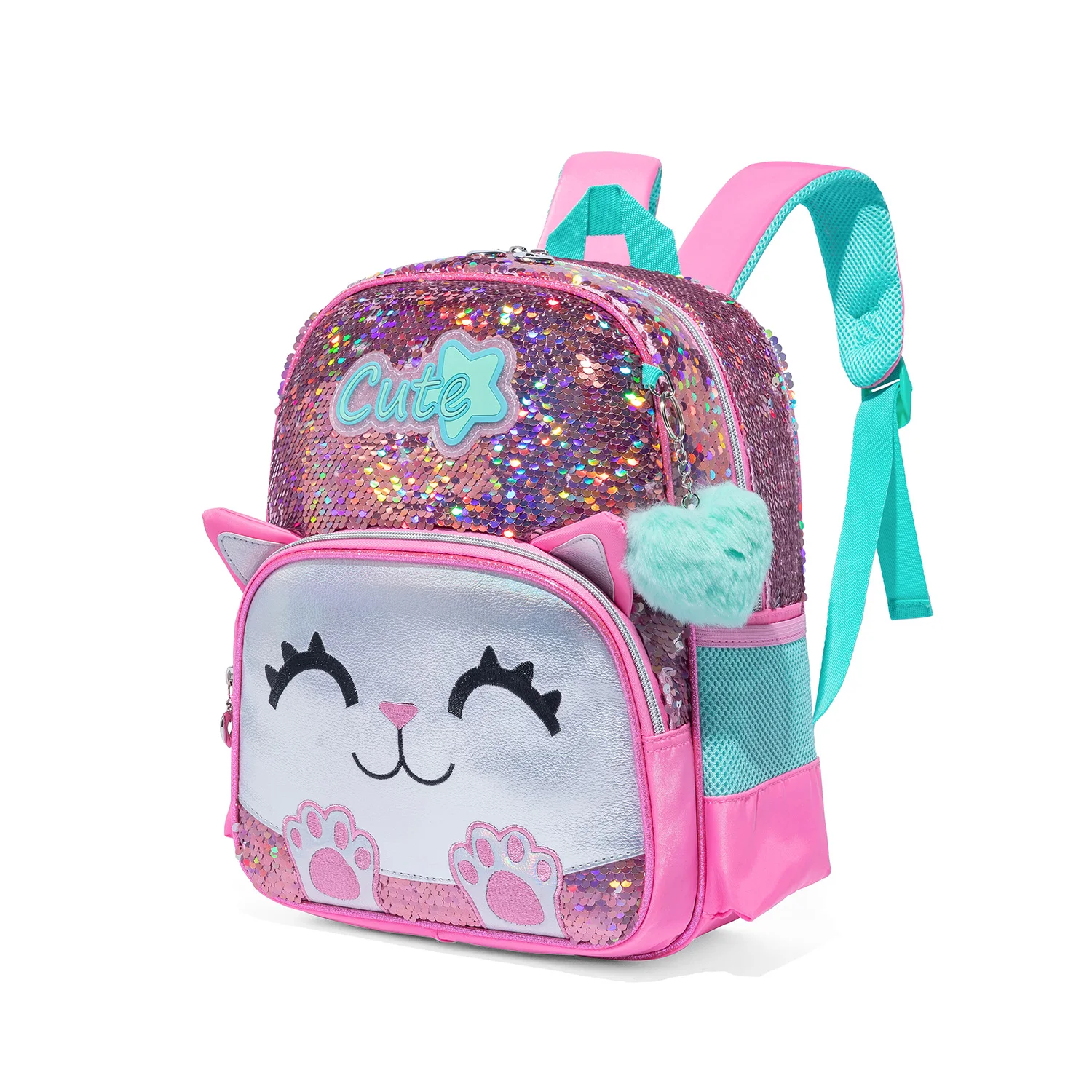 3PCS Cute Cat Backpack for Girls PU Leather Bookbag for Elementary School with Lunch Bag And PenBag