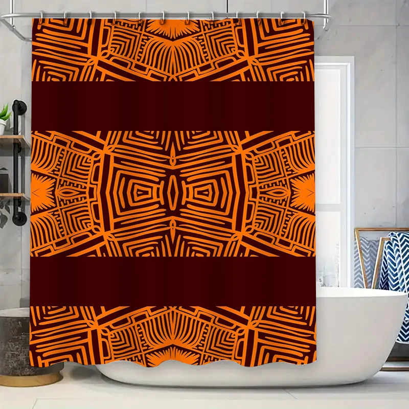 Cortina de ducha con patrón geométrico vibrante para decoración de baño combinación de colores amarillo mostaza marrón oscuro, hecha con resistente al agua
