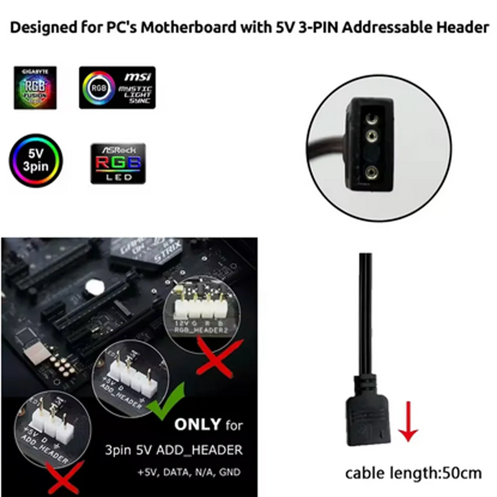 

WS2812b ARGB LED Strip Light 5V 3pin Header Addressable Rainbow Digital Light for PC Compatible with Asus Aura Sync MSI Mys