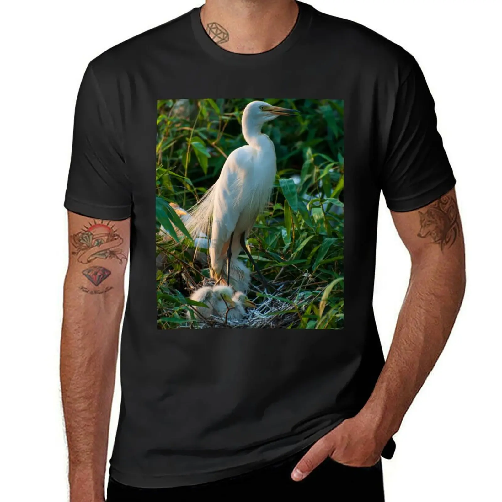 White egret bird with chicks at nest. T-Shirt heavyweights new edition mens graphic t-shirts