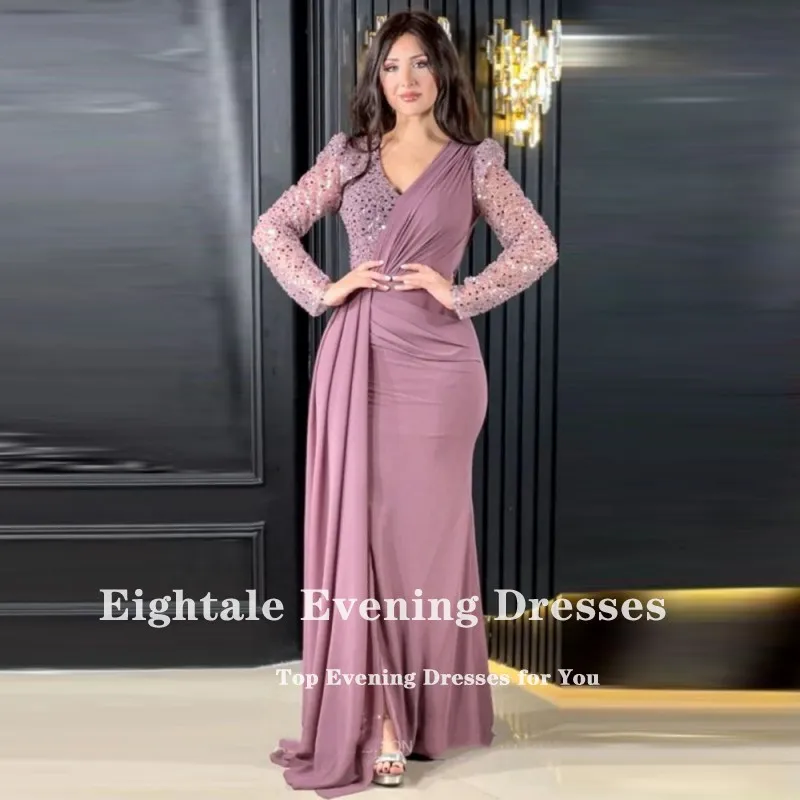 Eightale Sparkly Evening dresses V-Neck Long Sleeves Satin Mermaid Plus Size Side Slit Arabic Prom Party Gown Wedding feest jurk