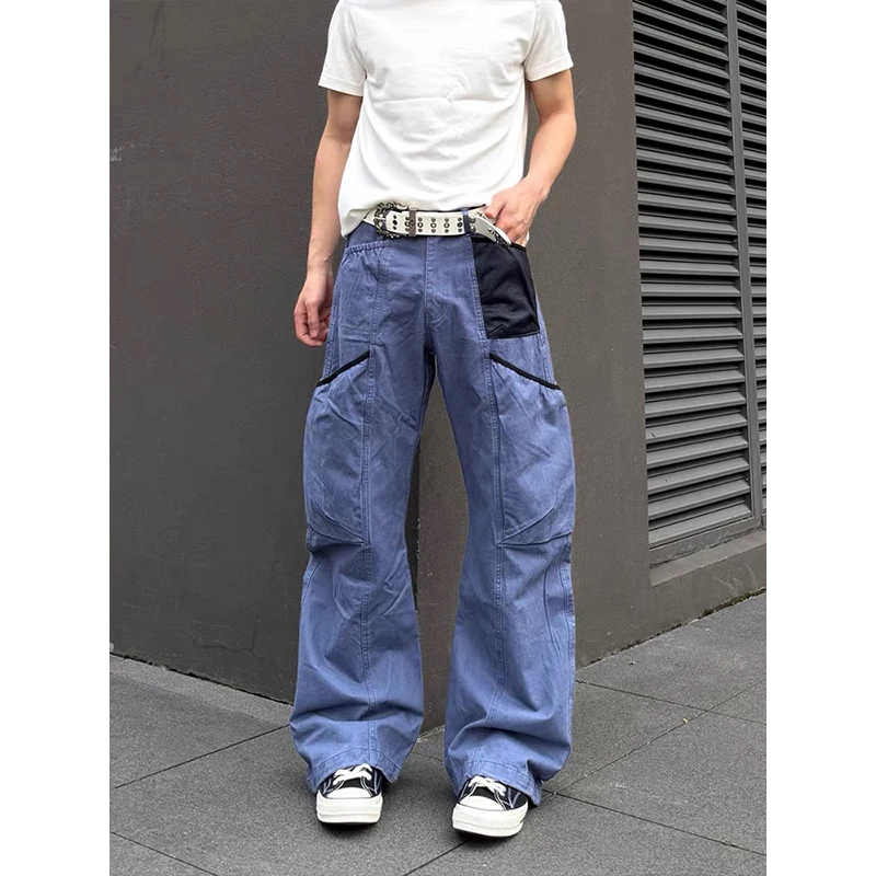 American Vintage Washed Cross Multi-Pocket Work Pants Men Design Sensation Wide Leg Gardener Pants Casual Cotton