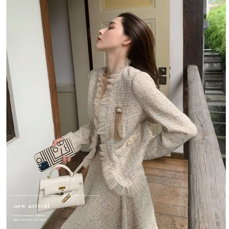 Women French Tweed Jacket Elegant Mesh Ruffle Trim Luxury Short Style Ladies Coat
