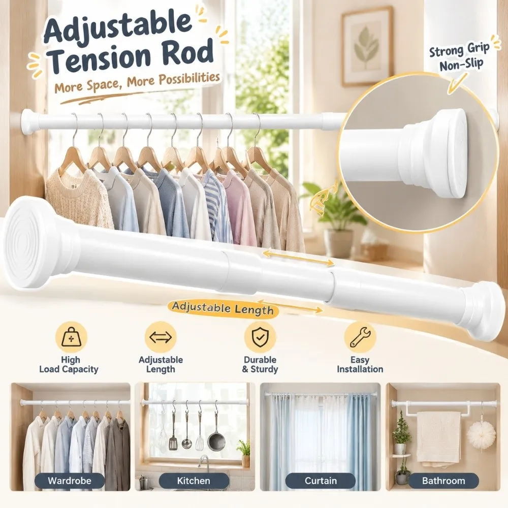 Spring Tension Adjustable Tension Rod Anti Slip End Caps Reliable Load Bearing Extendable Curtain Rod Adjustable Length