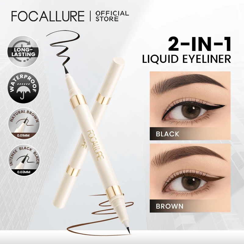 

FOCALLURE Double-ended Liquid Eyeliner Waterproof Fine Tip Quick Dry Sumdge-Proof Long-lasting Black Eye Liner Makeup Tools Pen