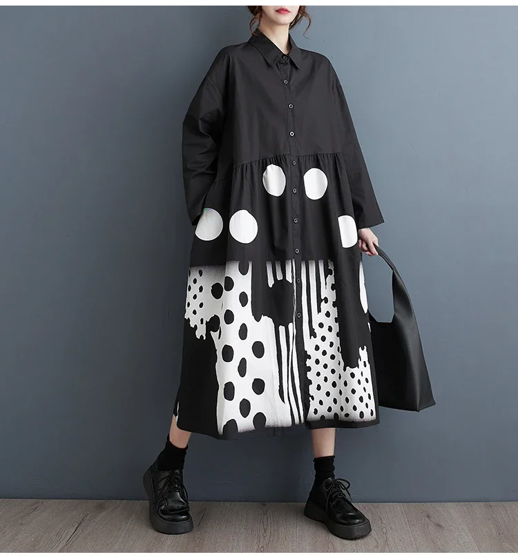 

Oversized Autumn Shirt Long Dress Women Striped Polka Dot Print Modis Pleated Ladies Dresses Long Sleeve Loose Woman Dress 2024