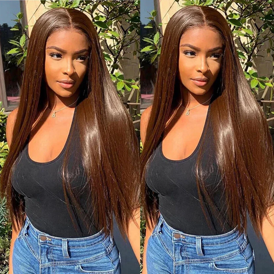 36Inch  Chocolate Brown  #4 Colored Straight Lace Frontal Wigs 13x6 HD Transparent Straight  Human Hair Wigs