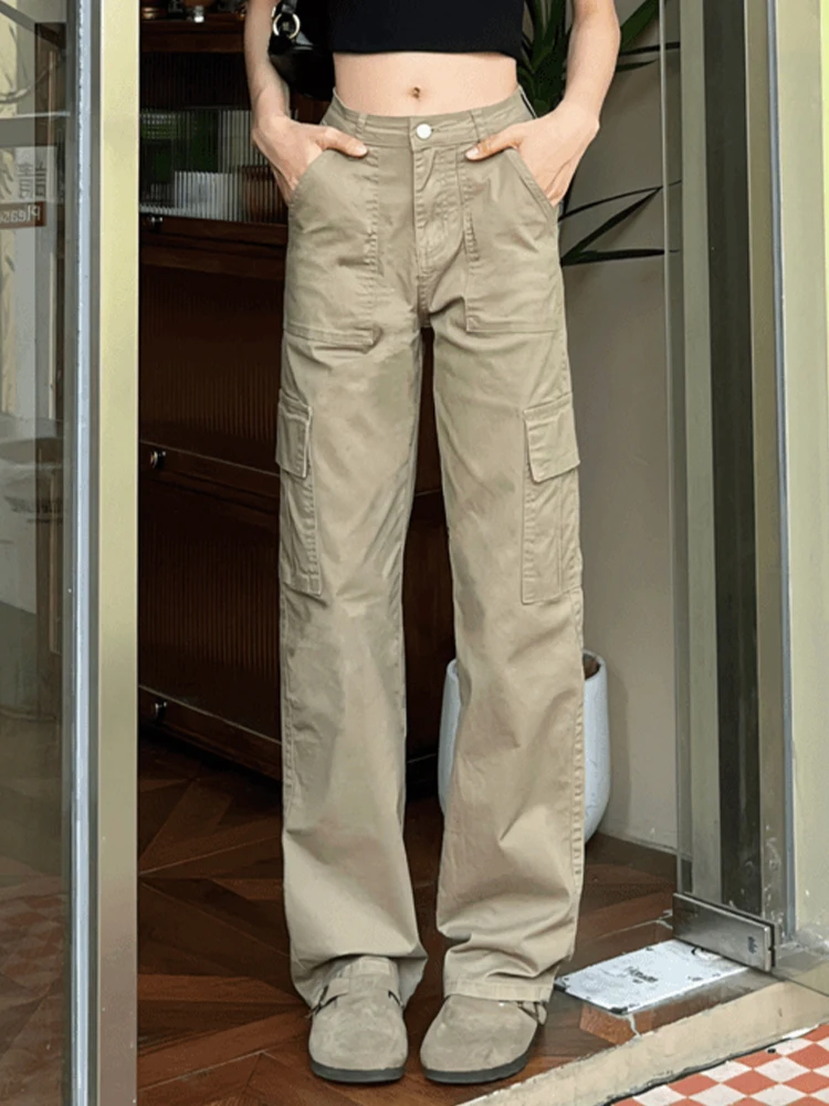 

American Style High Waist Women's Cargo Pants Khaki Casual Straight Leg Trousers Spring Autumn New Arrival plus Size