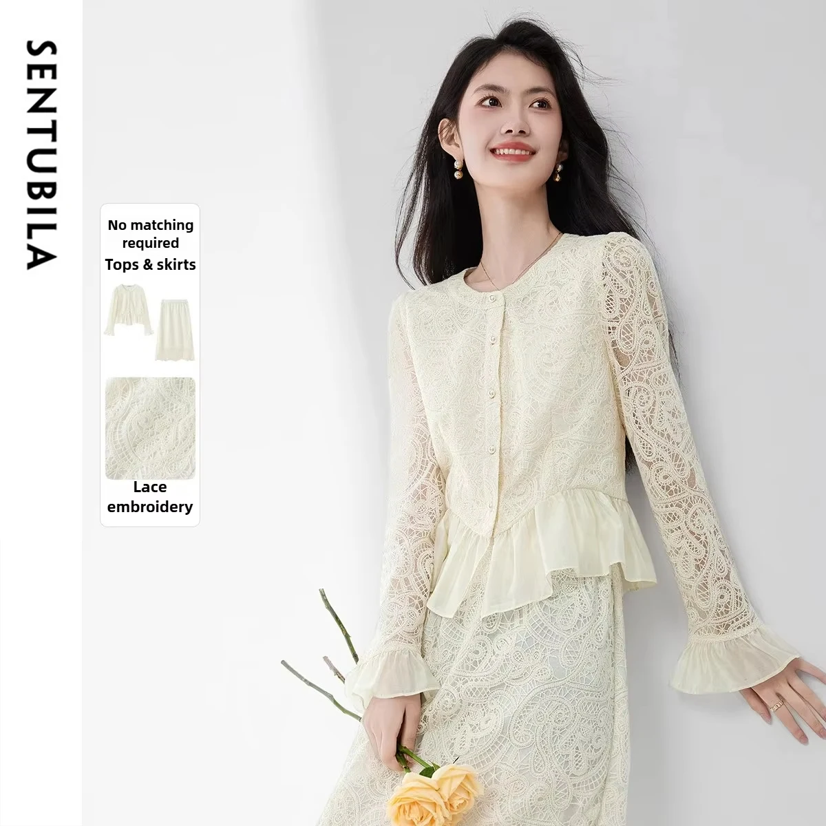 SENTUBILA Women's Elegant Two-Piece Set 2025 Autumn Lace Embroidery Hollow Top &  Ruffle Trim Skirt Versatile Outfit 153ZA2637