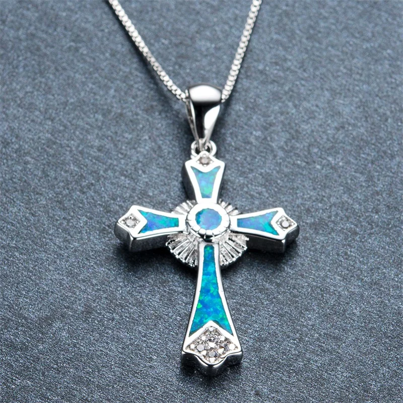 Classic Fashion Opal Epoxy Glow Cross Pendant Necklace Men Women Anniversary Birthday Party Religious Jewelry Gifts