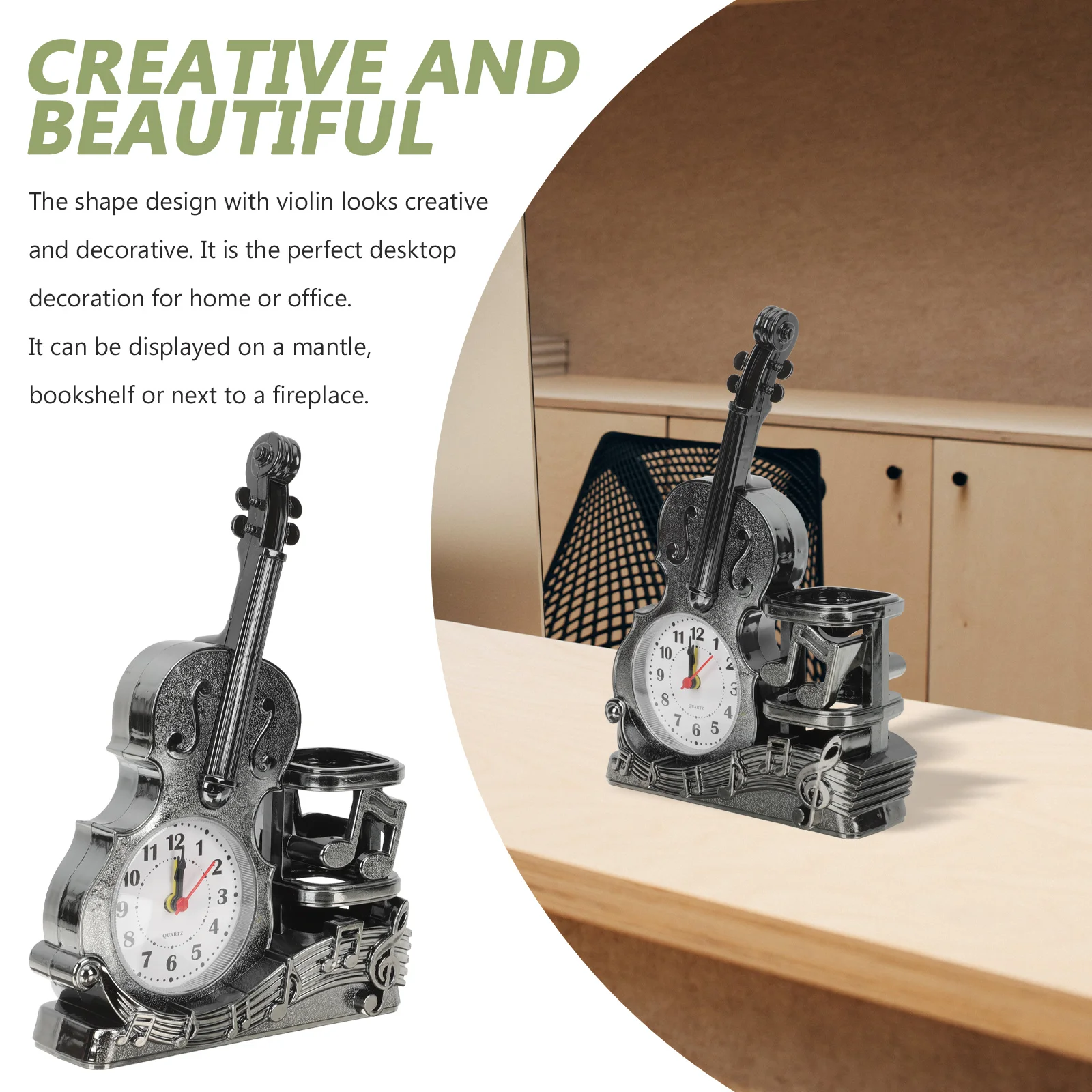 

Creative Shaped Tabletop With Pen Holder Desktop Organizer Home Office Decoration Violin Clock Ornament Unique Desk Shelf Small