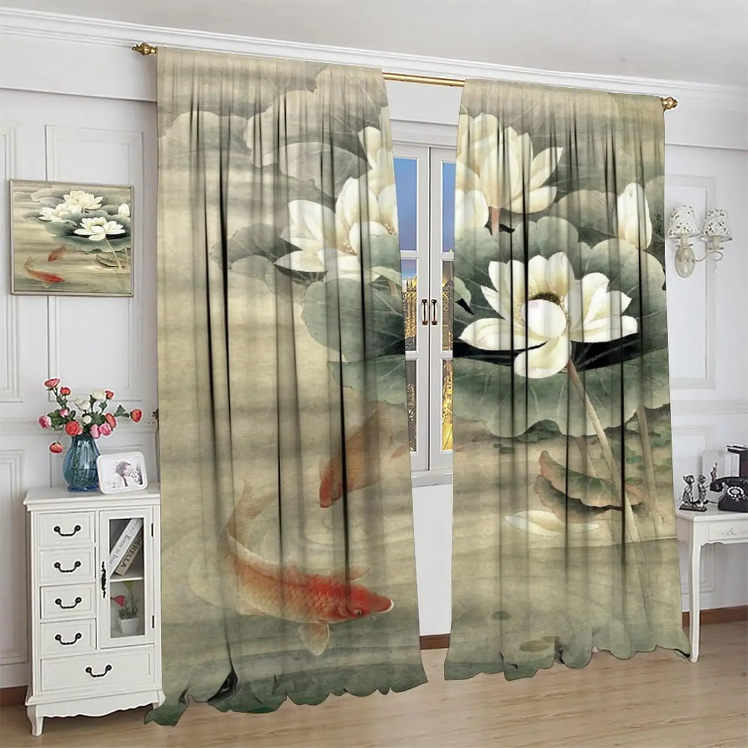 Japanese Lotus Koi Curtain Retro Exotic Ethnic Orient Asian Japanese Zen Culture Art Pattern Rod Pocket Window Treatments for