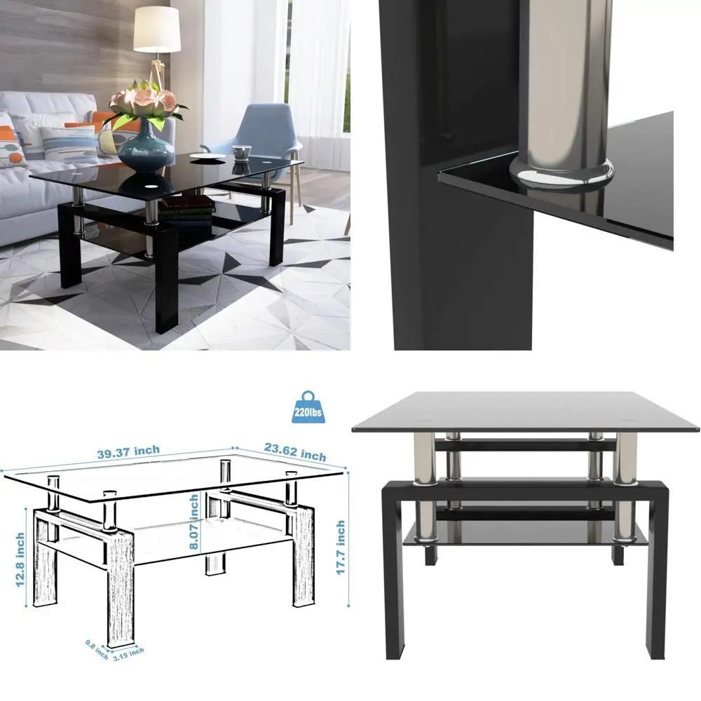 

Modern 2-Tier Tempered Glass Coffee and Tea Table with Lower Shelf for Living Room, Sleek Side Table Centerpiece