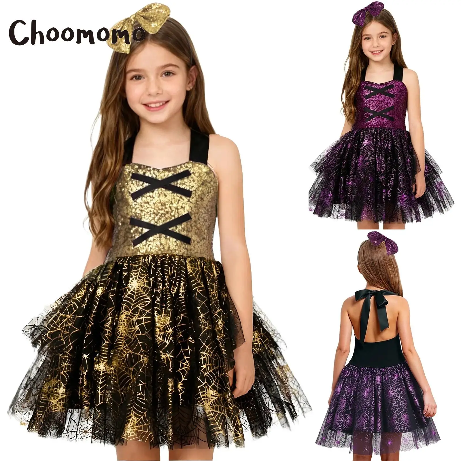 

Kids Girls Witch Costume Sequins Halter Printed Mesh Ruffled Tulle Tutu Dress for Sparkly Witch Themed Party Halloween Carnival