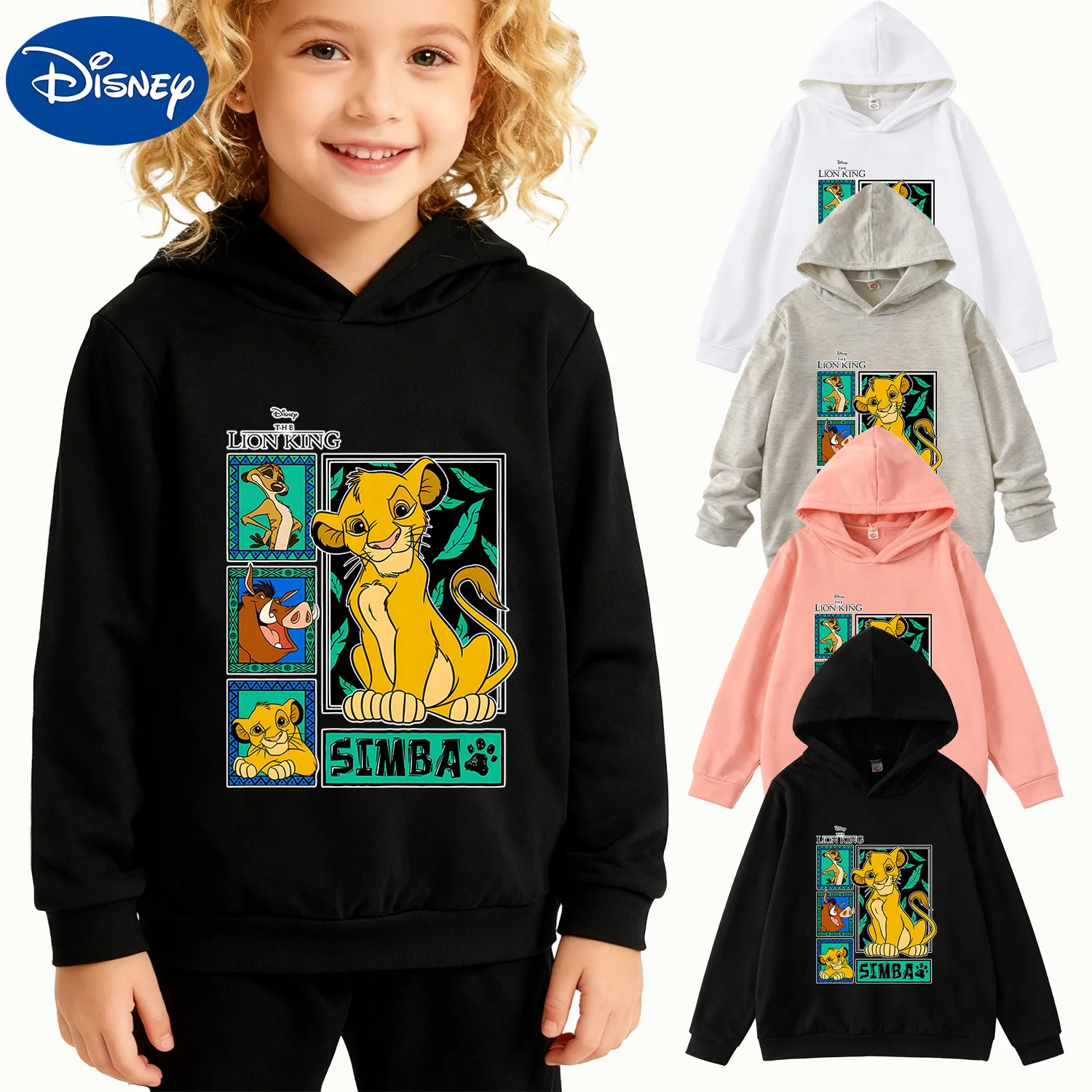 

Детская толстовка с капюшоном для мальчиков и девочек Disney The Lion King Simba, черный повседневный пуловер с рисунком коллажа, толстовка