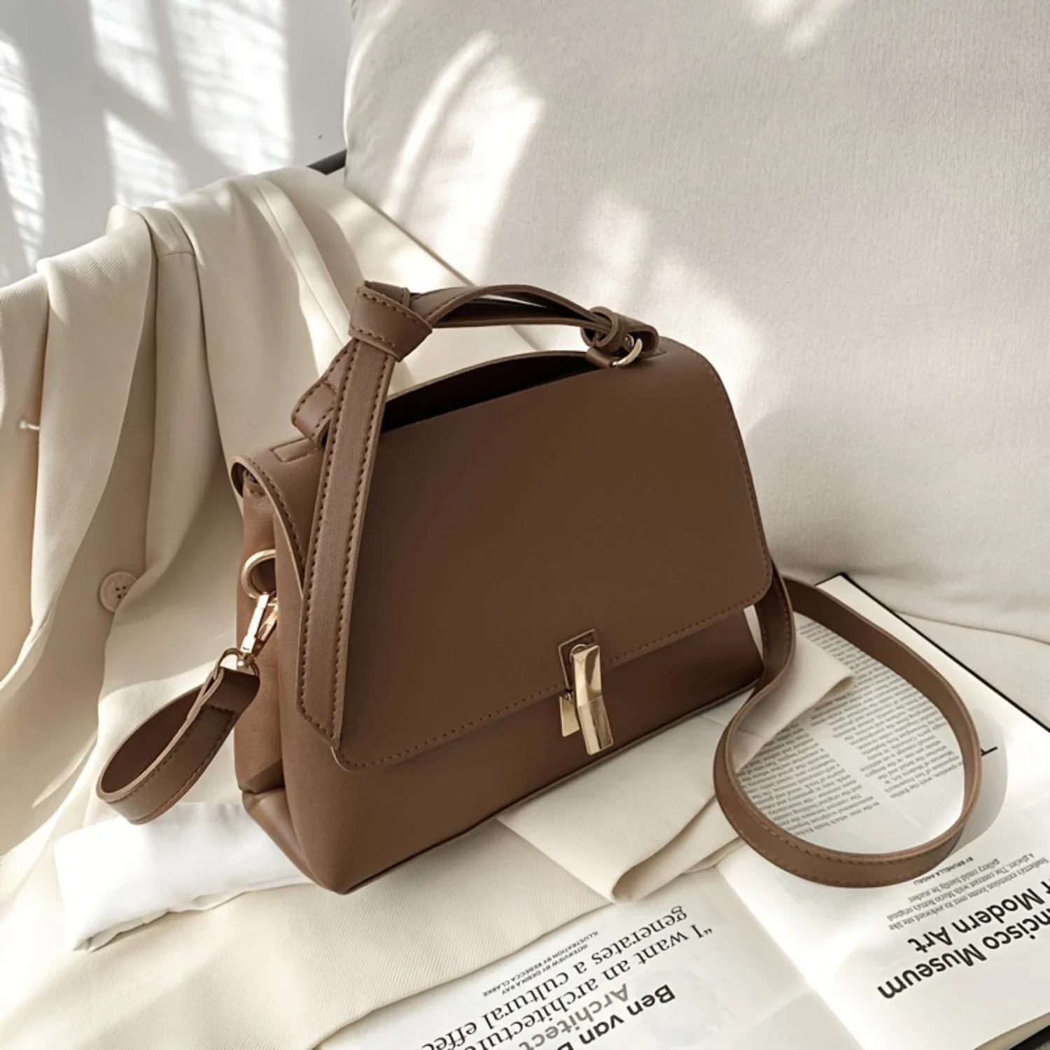 

Solid Color Double Layer Shoulder Bag for Work, Trendy Minimalist PU Leather Handbag