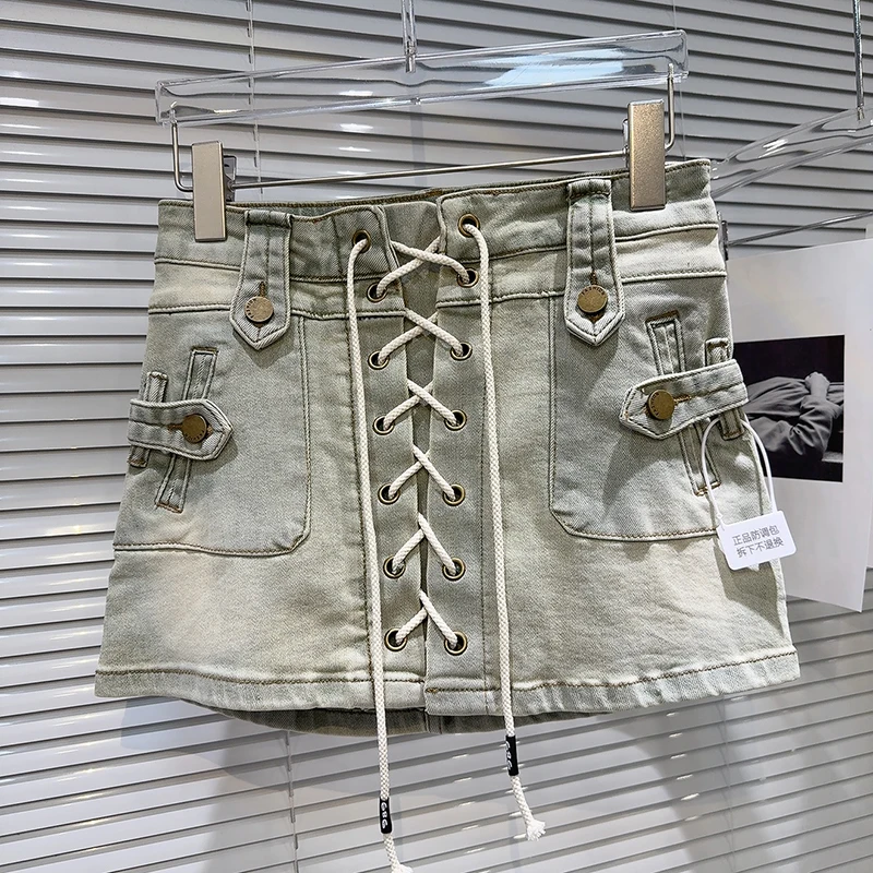 2025 summer women new street drawstring strap design short skirt A-line skirt sweet cool spicy girl fashion denim skirt