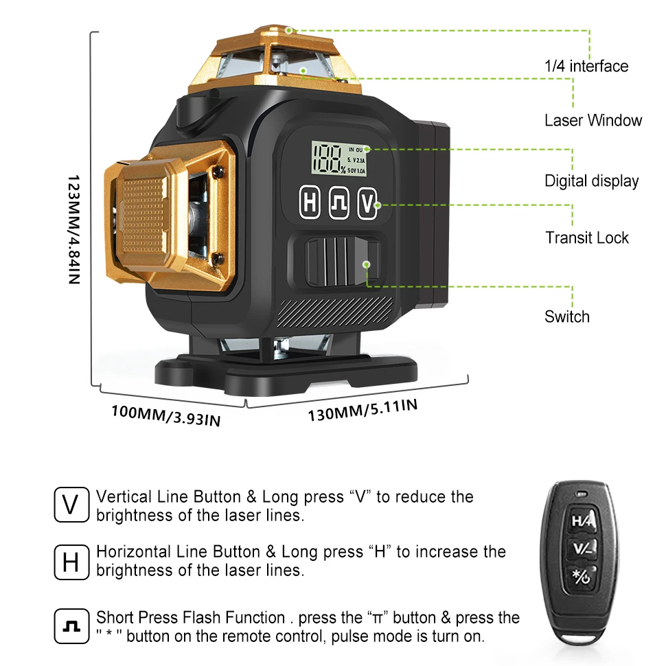 Clubiona 16-Line 4D Green Laser Level with 360° Rotation, High-Precision Vertical and Horizontal Lines for Decoration.