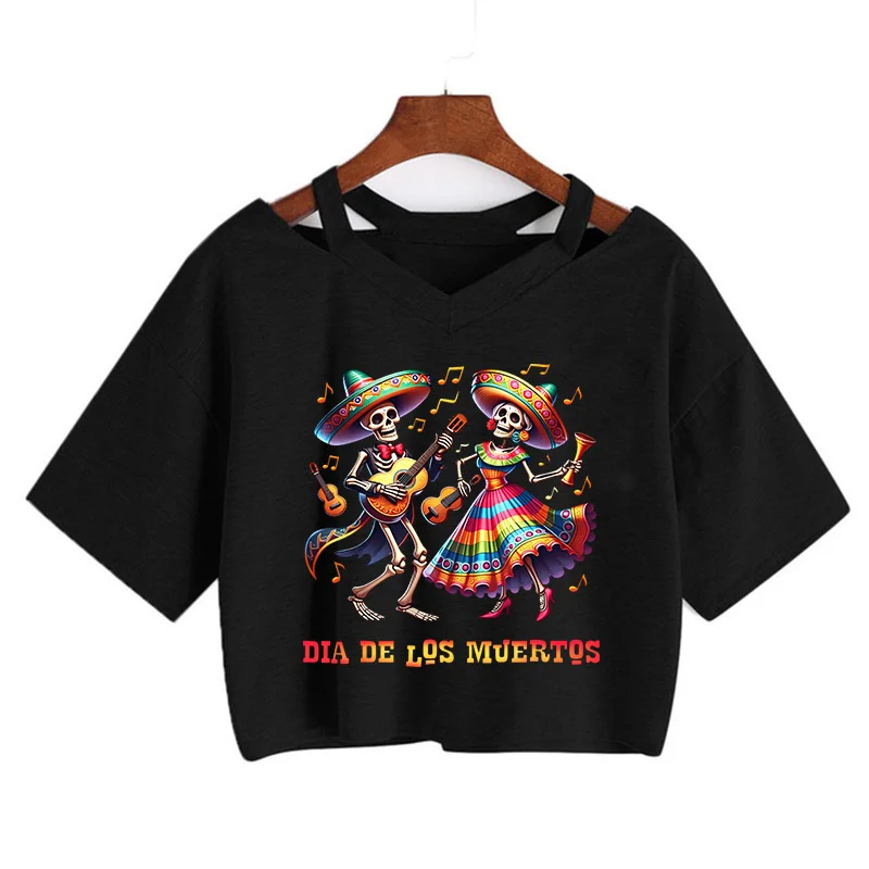 Women's Dia De Los Muertos Crop Tops Mexican Day of The Dead Skeletons Graphic Print Cropped T Shirt Sexy Y2k Tshirt Clothes 90s