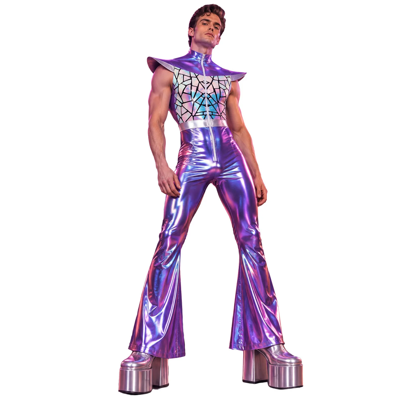 Disfraz de baile disco de los años 70 para hombre, con lentejuelas, diseño de retazos, mangas metálicas con volantes, cremallera frontal, pantalón acampanado, mono de estilo retro para fiestas temáticas y disfraces.