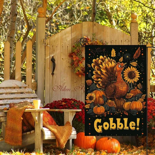 Thanksgiving Turkey Pumpkin Garden Flag 12X18 Inch Porch Garden Flag Burlap Yard OOV IIC