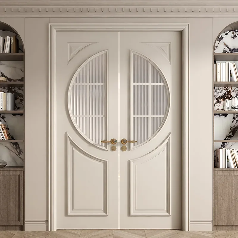 Solid Wood Composite Painted Flat Double Door French Style Curved Buckle Line for Bedroom Study Entryway High Aesthetic Value