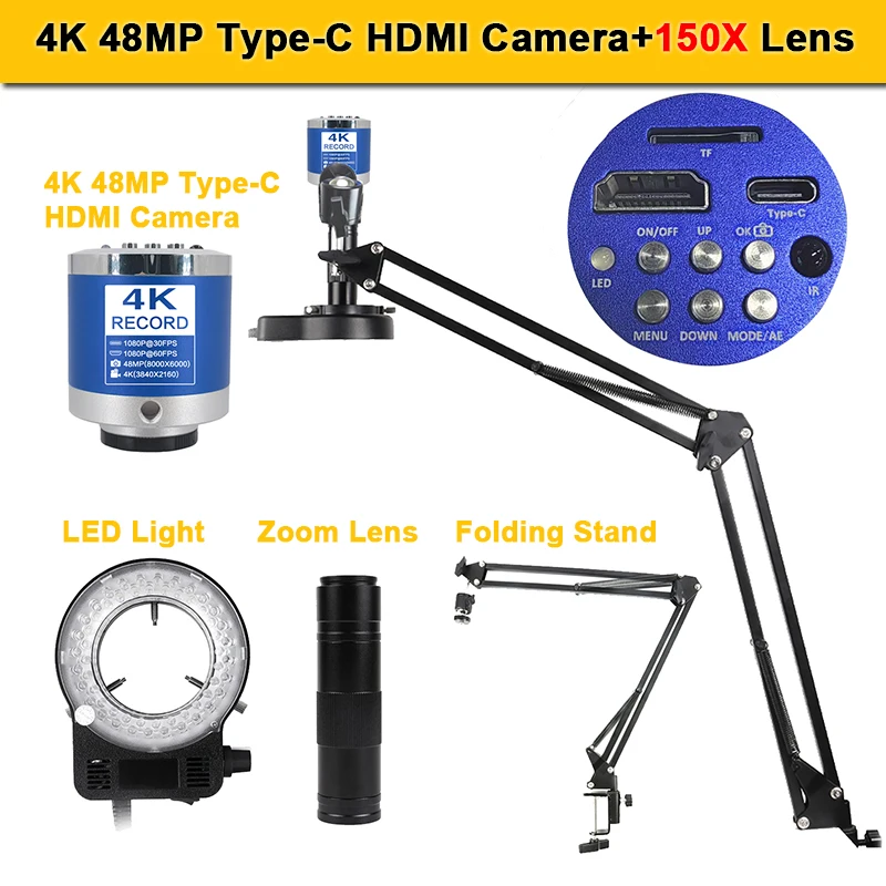 Microscópio Digital 4k para Eletrônica Câmera Hdmi Tipo-c de 48mp Lente Zoom de Montagem 150x c com Anel de Luz Micro Escopo Profissional