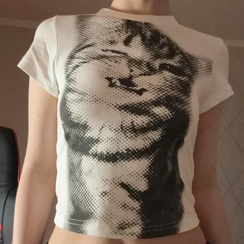 Camiseta Corta con Estampado Animal Estilo Harajuku, Blanca, Cuello Redondo, Manga Corta, Casual, Ajustada, Estilo Y2K Vintage para Mujer